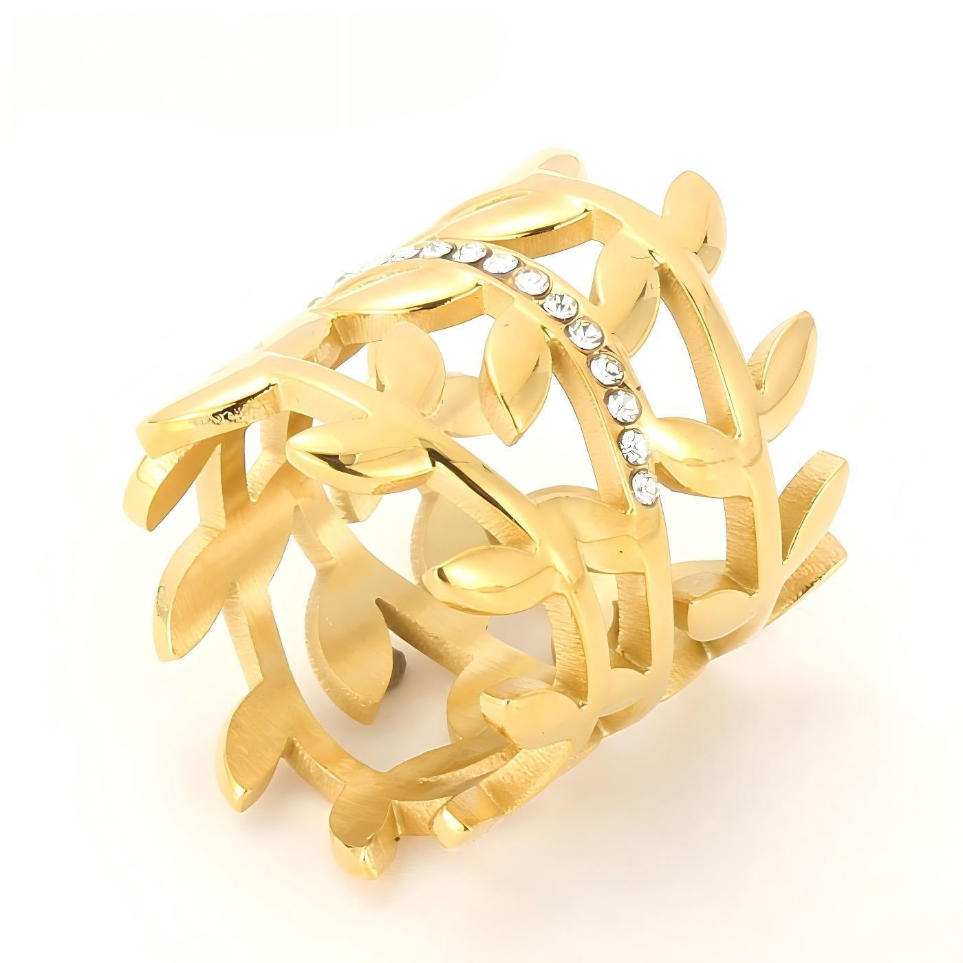 Hollow Olive Branch Inlaid Zircon Titanium Steel Ring 26mm Wide