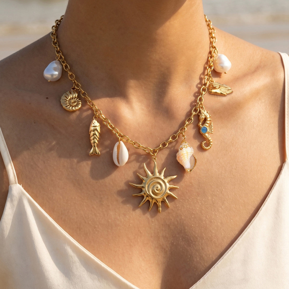 Ocean Wind Stainless Steel Pearl Conch Fish Shell Sun Seahorse Hollow Fish Necklace