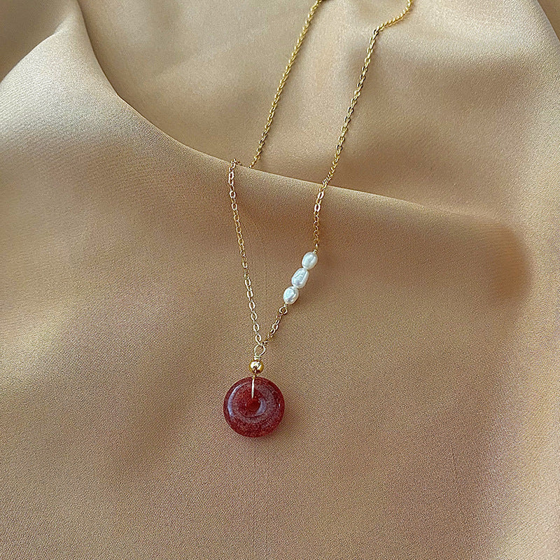 Strawberry Crystal Peace Necklace with Gold Plated Lock and Freshwater Pearl Splice