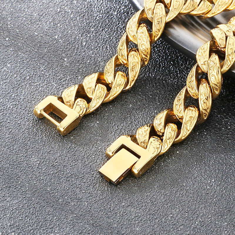Cast Pattern – Punk Style 13mm Tang Grass Pattern Cuban Chain Titanium Steel Men's Bracelet