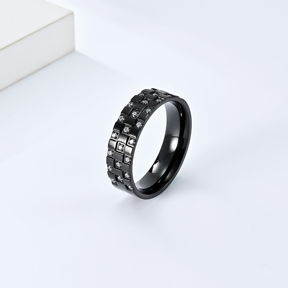 Planderful Zircon Ring Unisex Titanium Steel Inlaid Checkered Zircon For Couples Everyday Genie