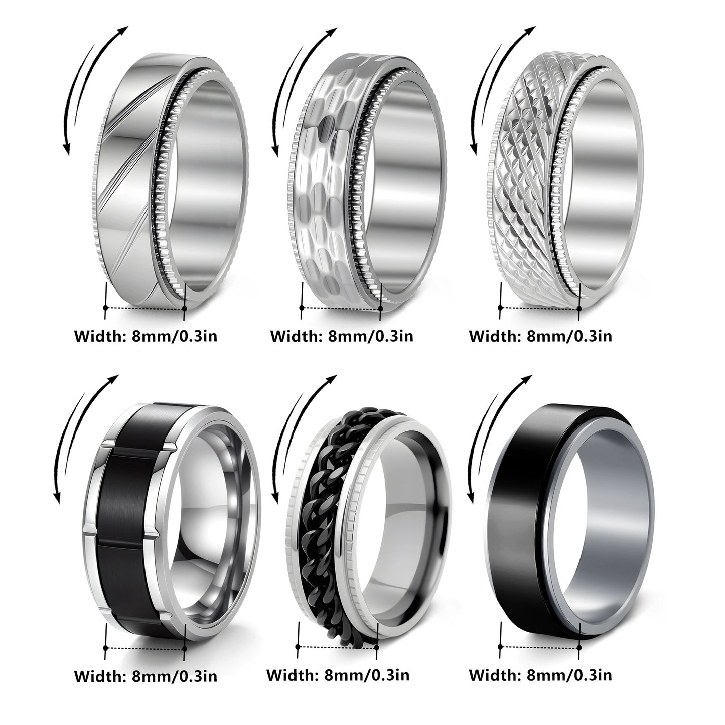 Stainless Steel Ring Rotatable Zircon Edge Embossed Contrast Planderful Everyday Genie for Men Unisex