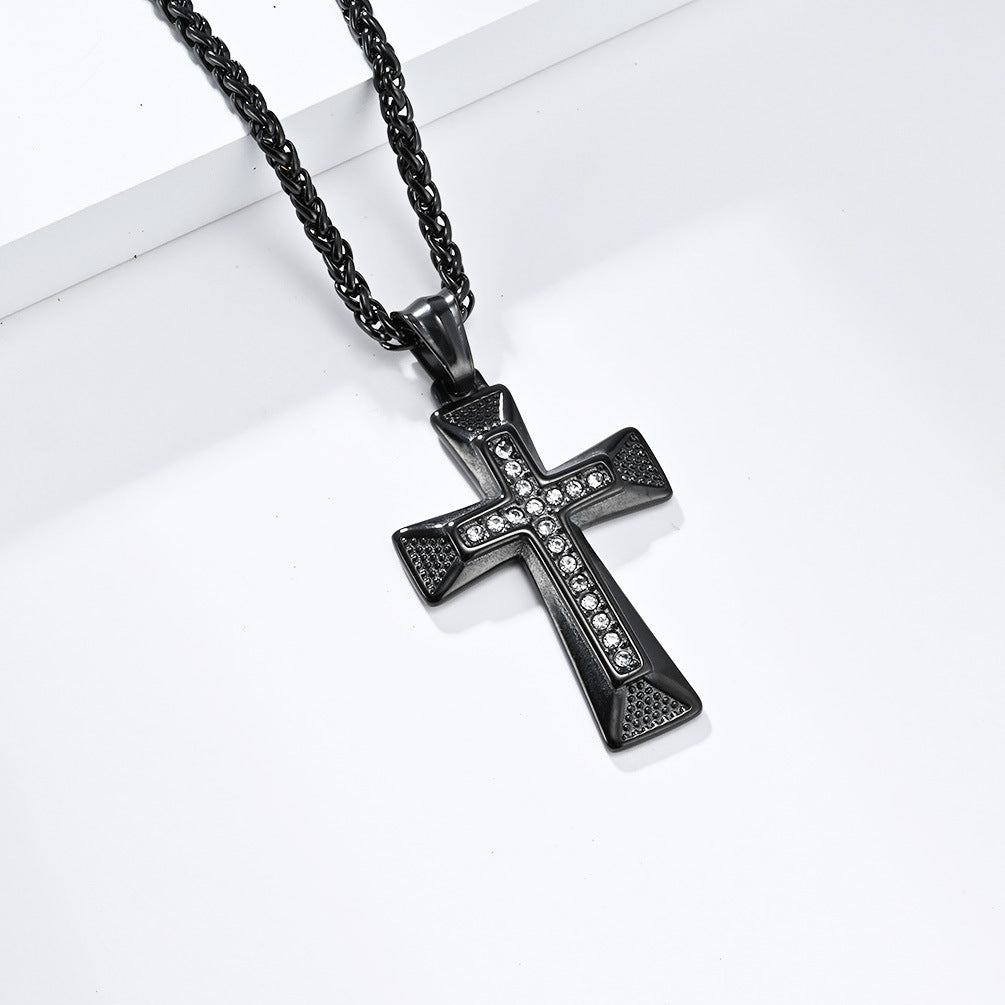 Cross-Border European And American Zircon Titanium Steel Cross Necklace
