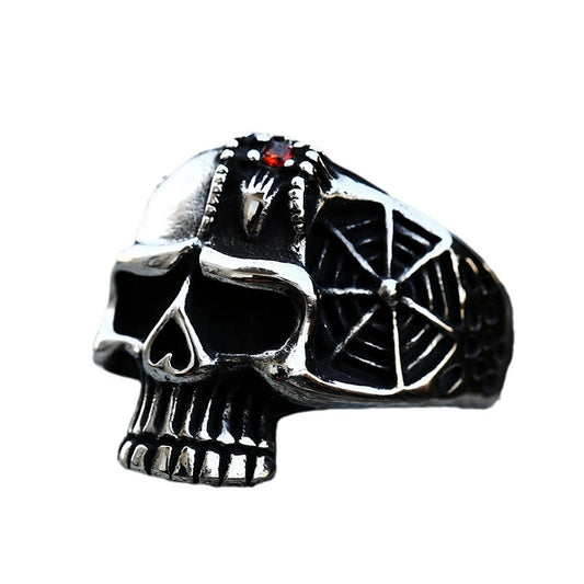 Retro Titanium Steel Skull Ring with Gemstone Inlay for Men