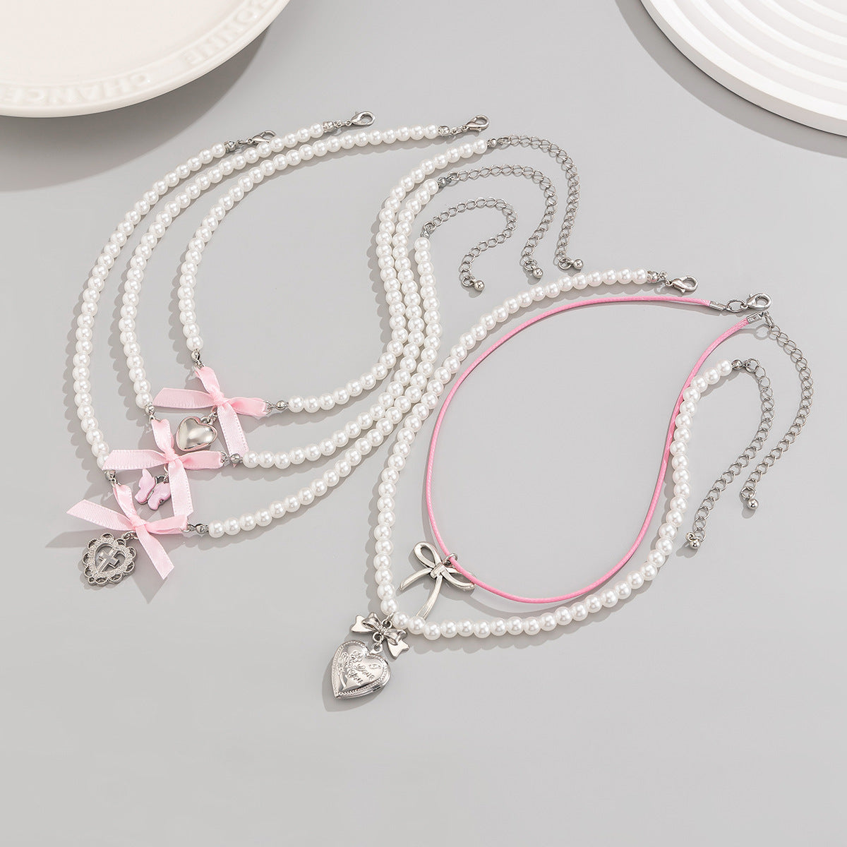 Butterfly Heart & Pearl-Style Layered Necklace