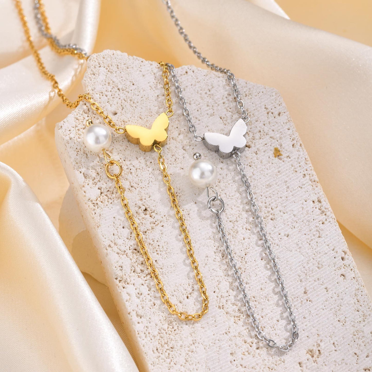 Butterfly Heart-Shaped Imitation Pearl Y-Shaped Gold Necklace Women's & Simplicity