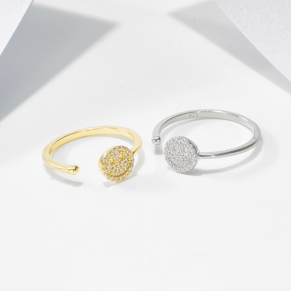 Europe And The United States For Micro-Inlaid Zircon Smiley Face Opening Sterling Silver Ring