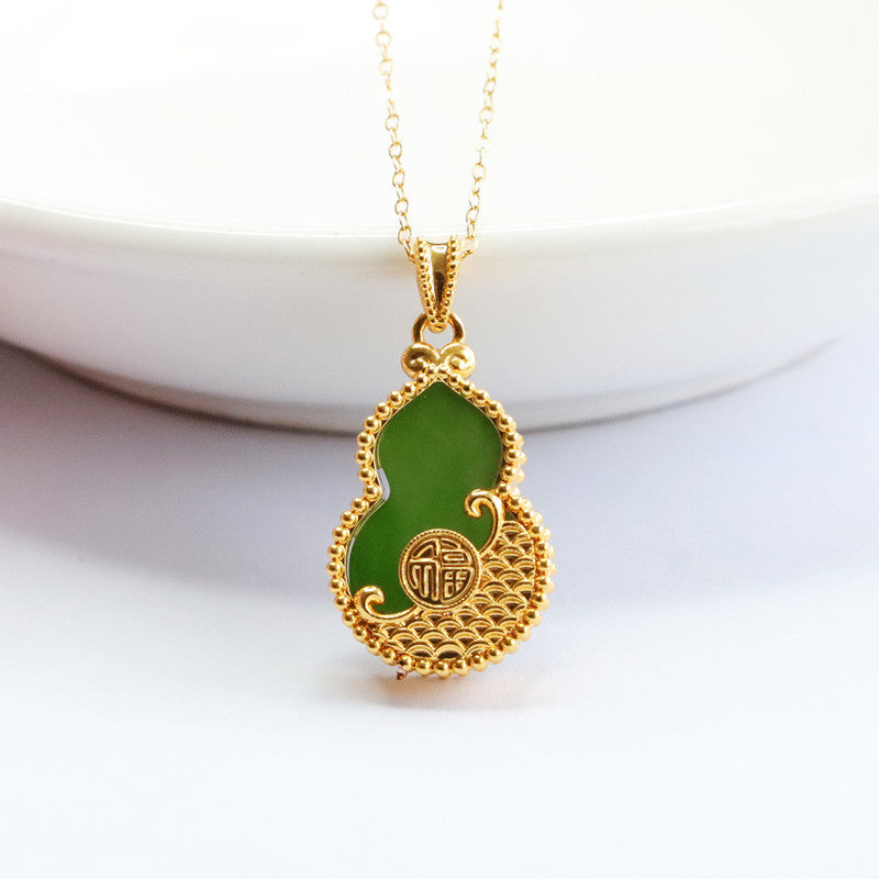 Jewelry Necklace with Hetian Jade Gourd Pendant and Jasper Blessing