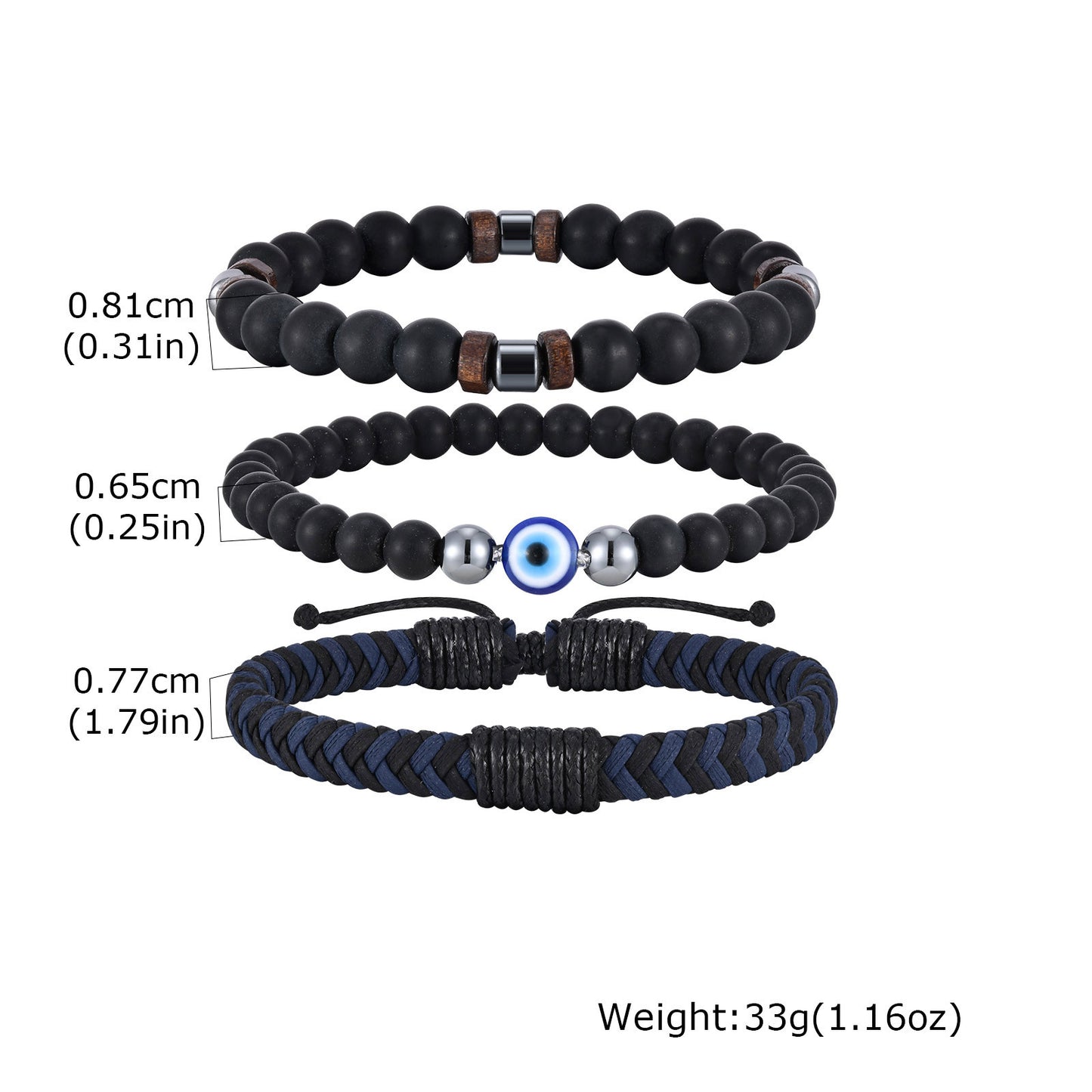 Planderful Devil Eye Black Agate Beaded PU Skin Bracelet Men