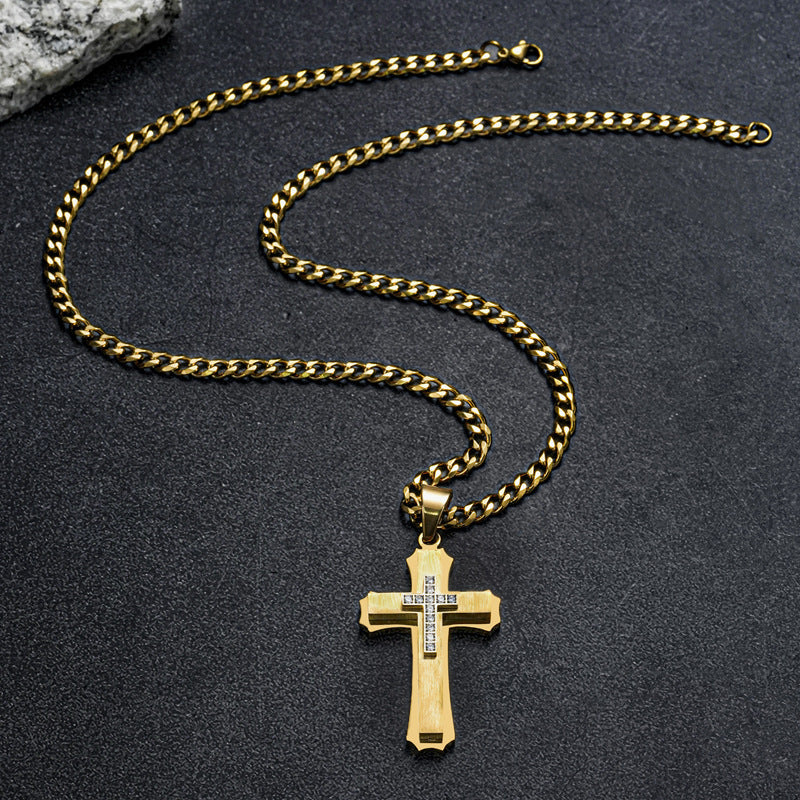 1. Planderful Cross Pendant Necklace in Titanium Steel with Three Layer Zircon for Unisex Elegant Gift