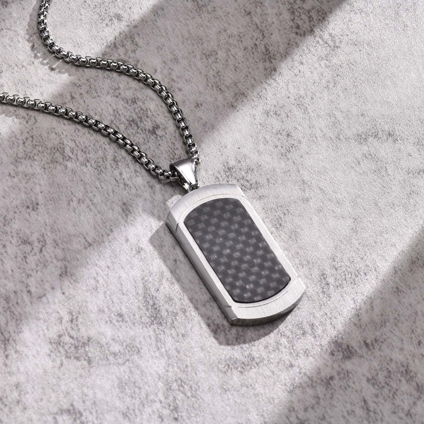 Stainless Steel Carbon Fiber Dog Tag Pendant Necklace Men