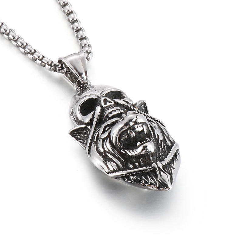 Dark Wind Lion Head Necklace with Ghost Skull Pendant - Men's Titanium Steel Jewelry