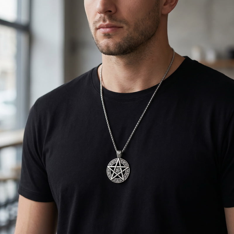 Punk Devil'S Eye Sun And Moon Pendant Viking Celtic Knot Pentagram Round Brand Necklace