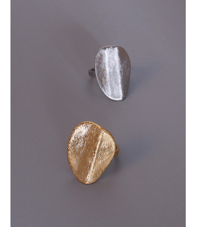 French Exaggerated Brushed Matte Titanium Steel Ring for Women with Unique Shape and Style