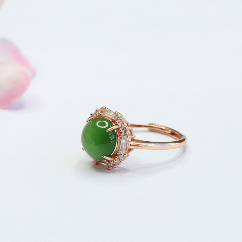 925 Sterling Silver Hetian Jasper Round Cabochon Ring