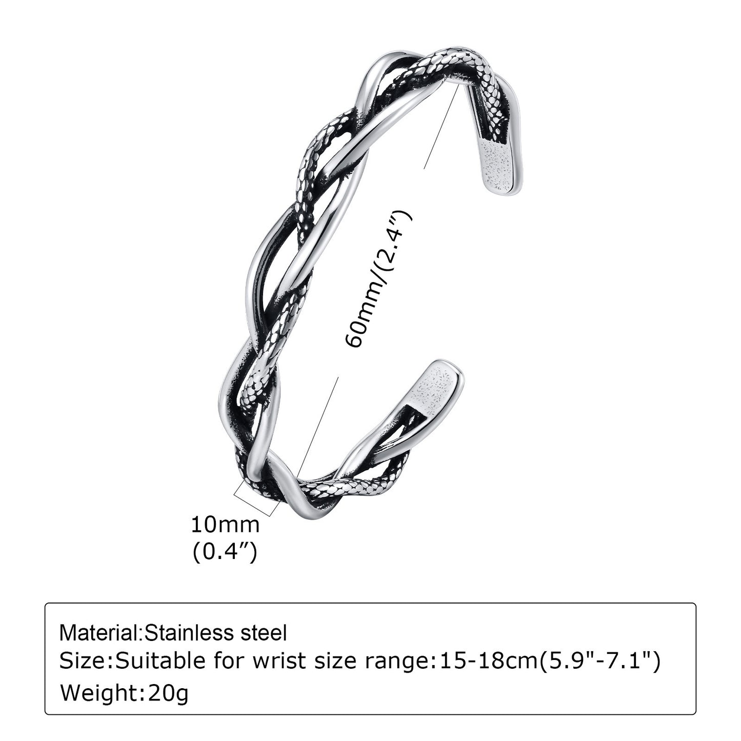 Mens Stainless Steel Open Bracelet Vintage Twist Braided Feather