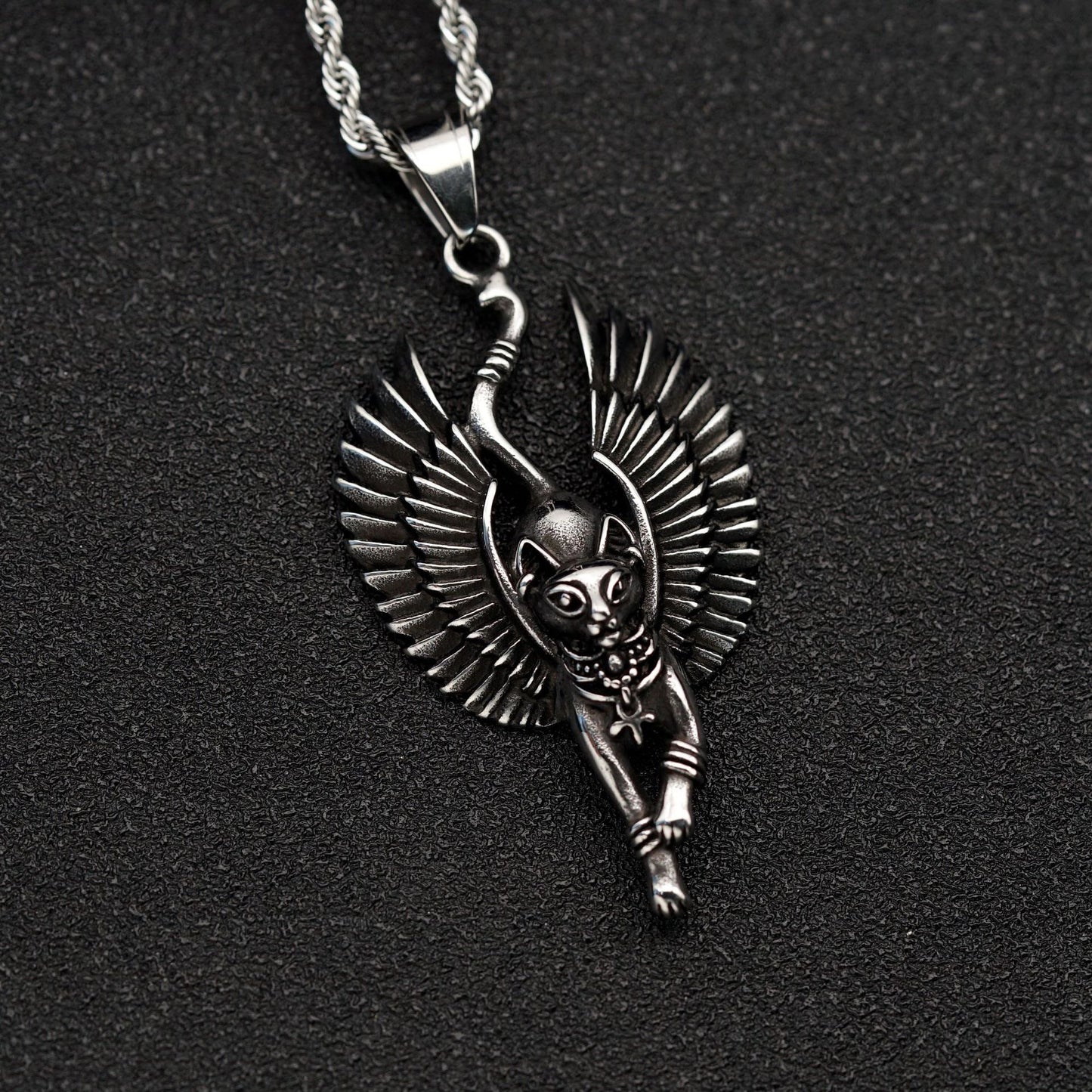 Stainless Steel Necklace - Statement Egyptian Mythology Winged Cat God Pendant For Him Gift Idea