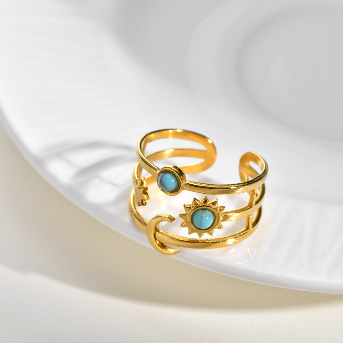 Stainless Steel Version Sweet Cool Wind Turquoise Star & Moon Three-Layer Open Ring Gold