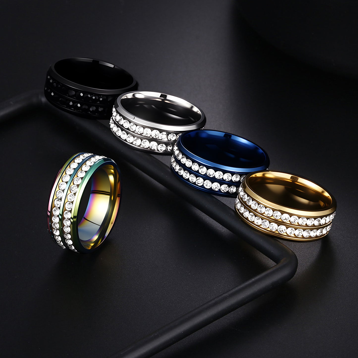 Planderful Premium Titanium Steel Zircon Ring Everyday Genie Double Row Unisex Jewelry