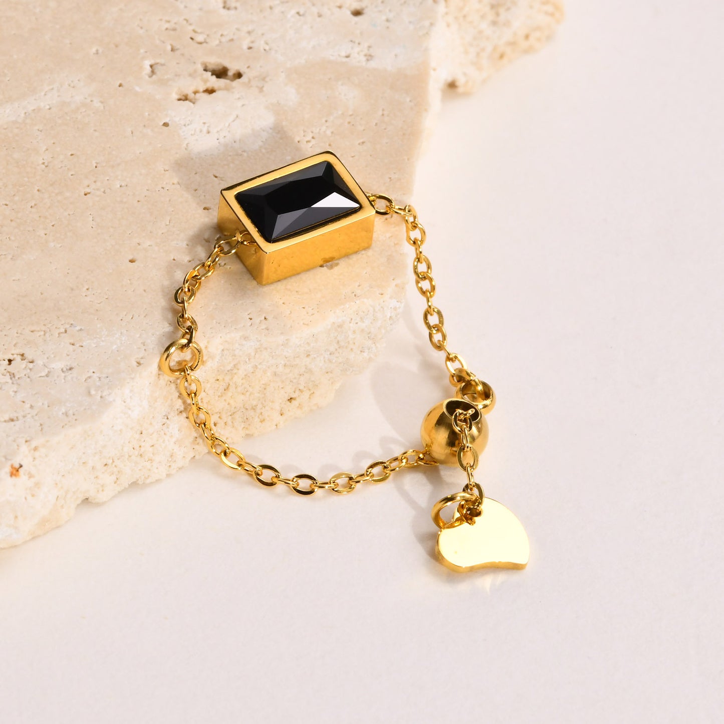 Titanium Steel Chain Ring Green Zircon Adjustable Black Ring