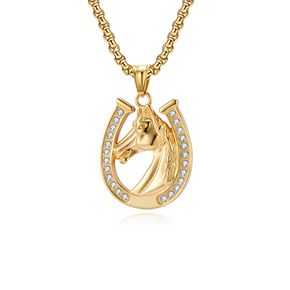 Planderful Horseshoe Necklace With Horse Head Pendant Street Hip Hop Jewelry For Men