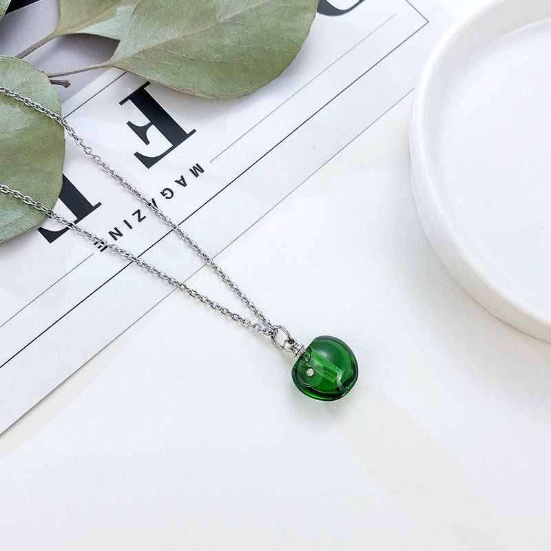 Stainless Steel Green Pink Glass Apple Urn Perfume Pendant Necklace