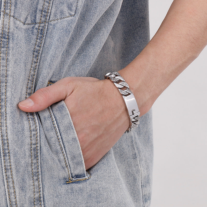 Korea Dongdaemun Glossy – Generous Titanium Steel Men's Zircon Cuban Chain Bracelet