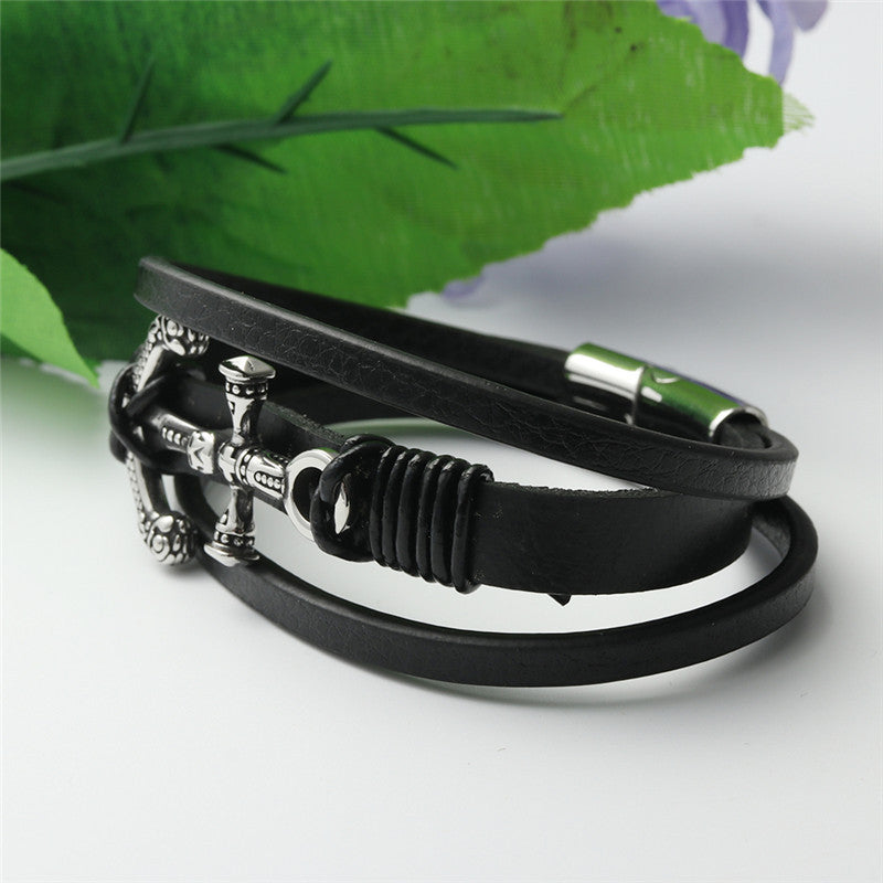 Titanium Steel Cross Leather Bracelet for Men - Personalized Punk Woven Skull Design