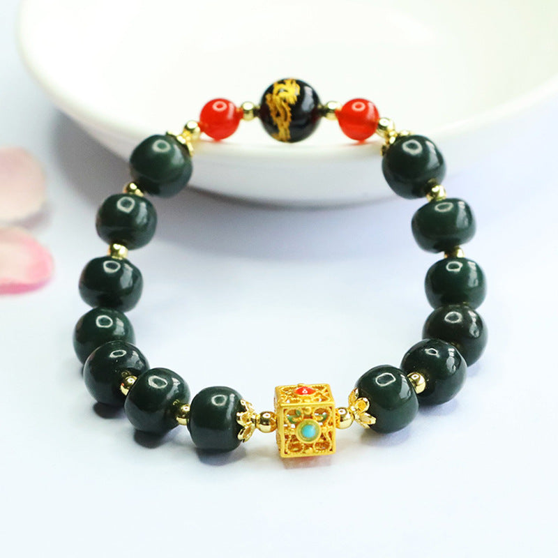 Hetian Jade Agate Dragon Vintage Bead Bracelet