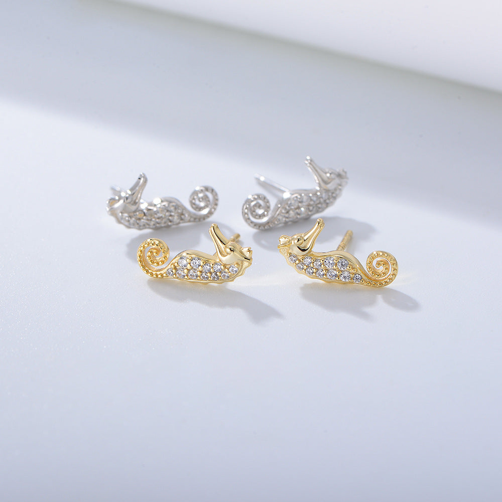 S925 Sterling Silver Micro-Inlaid Zircon Seahorse Animal Stud Earrings Cute Earrings Ear