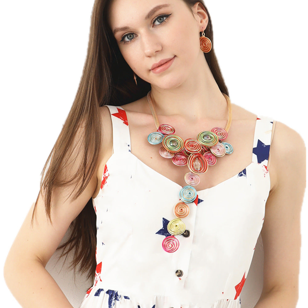 Exaggerated Aluminum Wire Weave Necklace with Tassel Pendant - Savanna Rhythms Collection