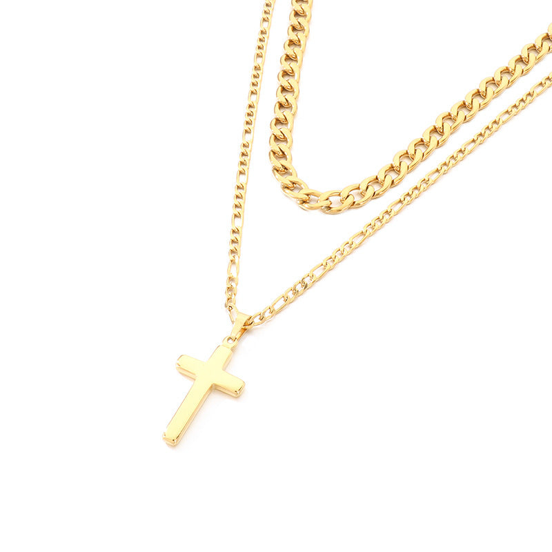 Retro Lettering Cross Necklace, And Nk Chain Double-Layer Stacked Stainless Steel Men's Necklace