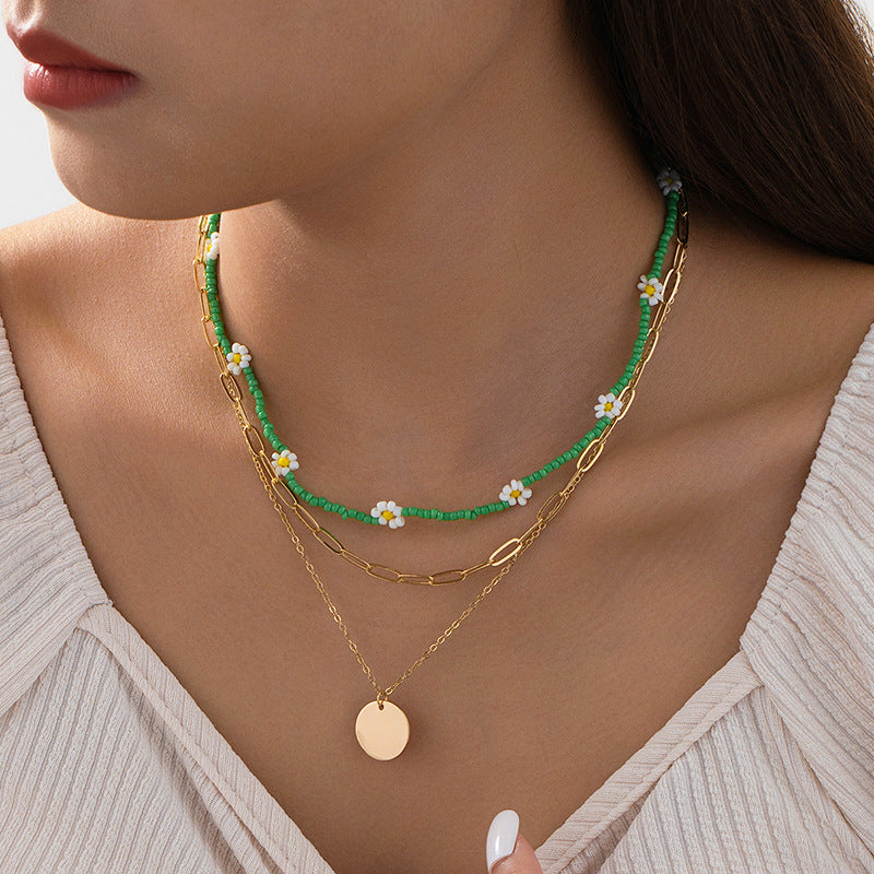 Planderful Vienna Verve Necklace – Three Layered Green Bead Flower Design
