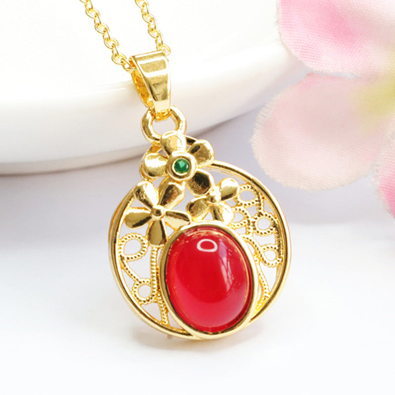 Oval Natural Red Agate Chalcedony Flower Hollow Round Golden Pendant