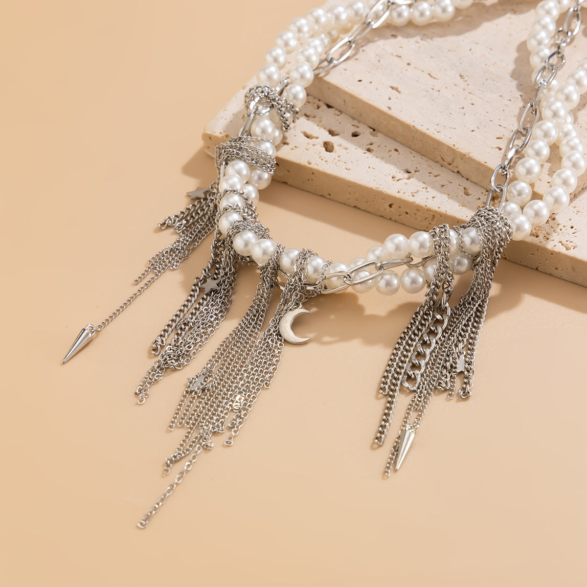 European and American cross-border jewelry exaggerated metal rivet cross necklace fashionable multi-layer imitation pearl star and moon fringed necklace