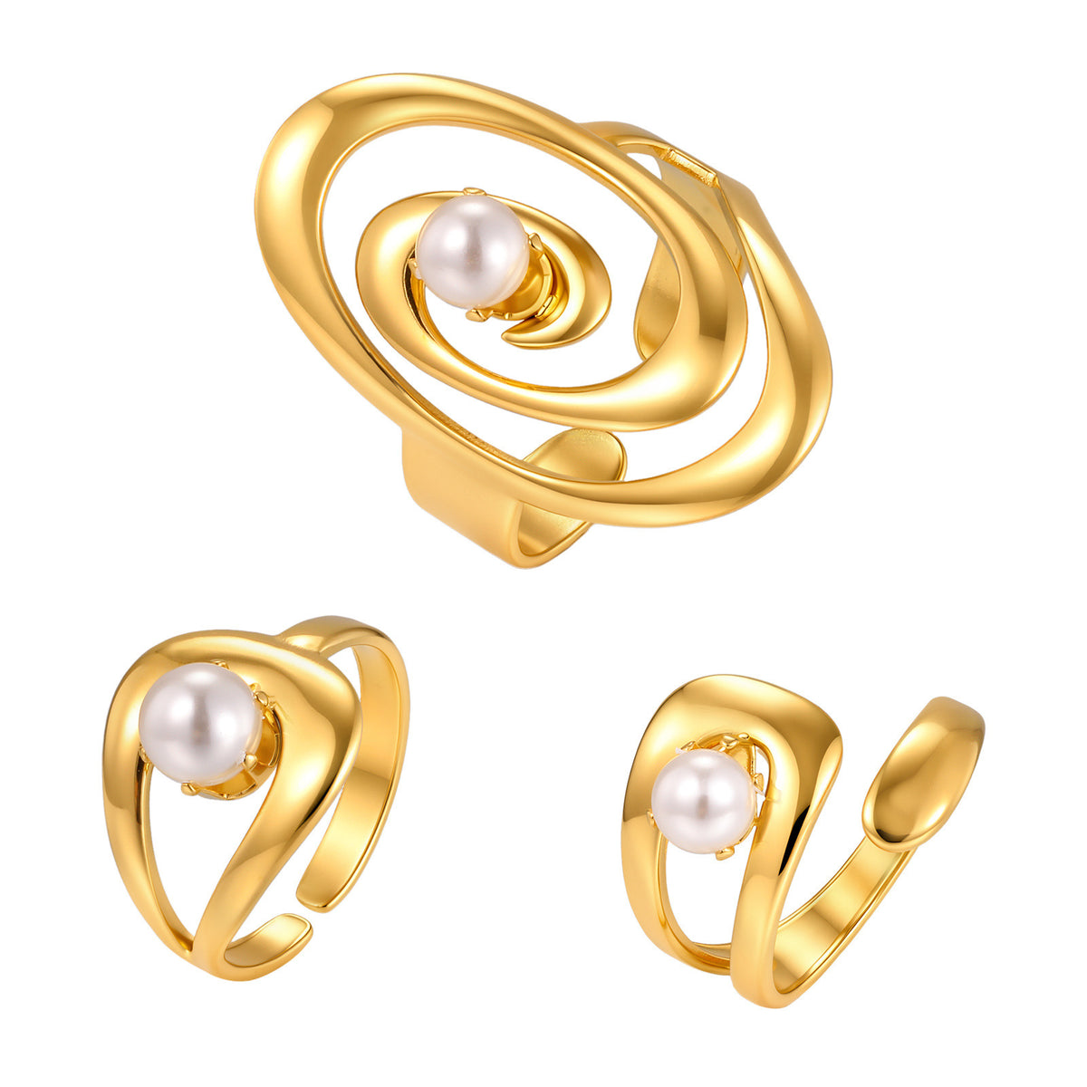Women's Style – Stainless Steel Imitation Pearl Geometric Lines Open Stacked With Ring