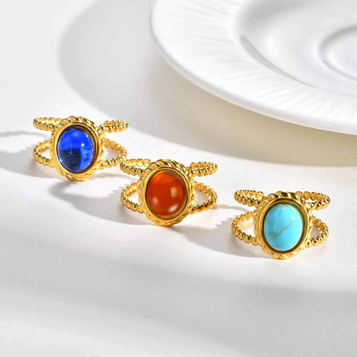 Stainless Steel Hot-Selling Geometric Lines Imitation Natural Stone Double-Layer Open Ring