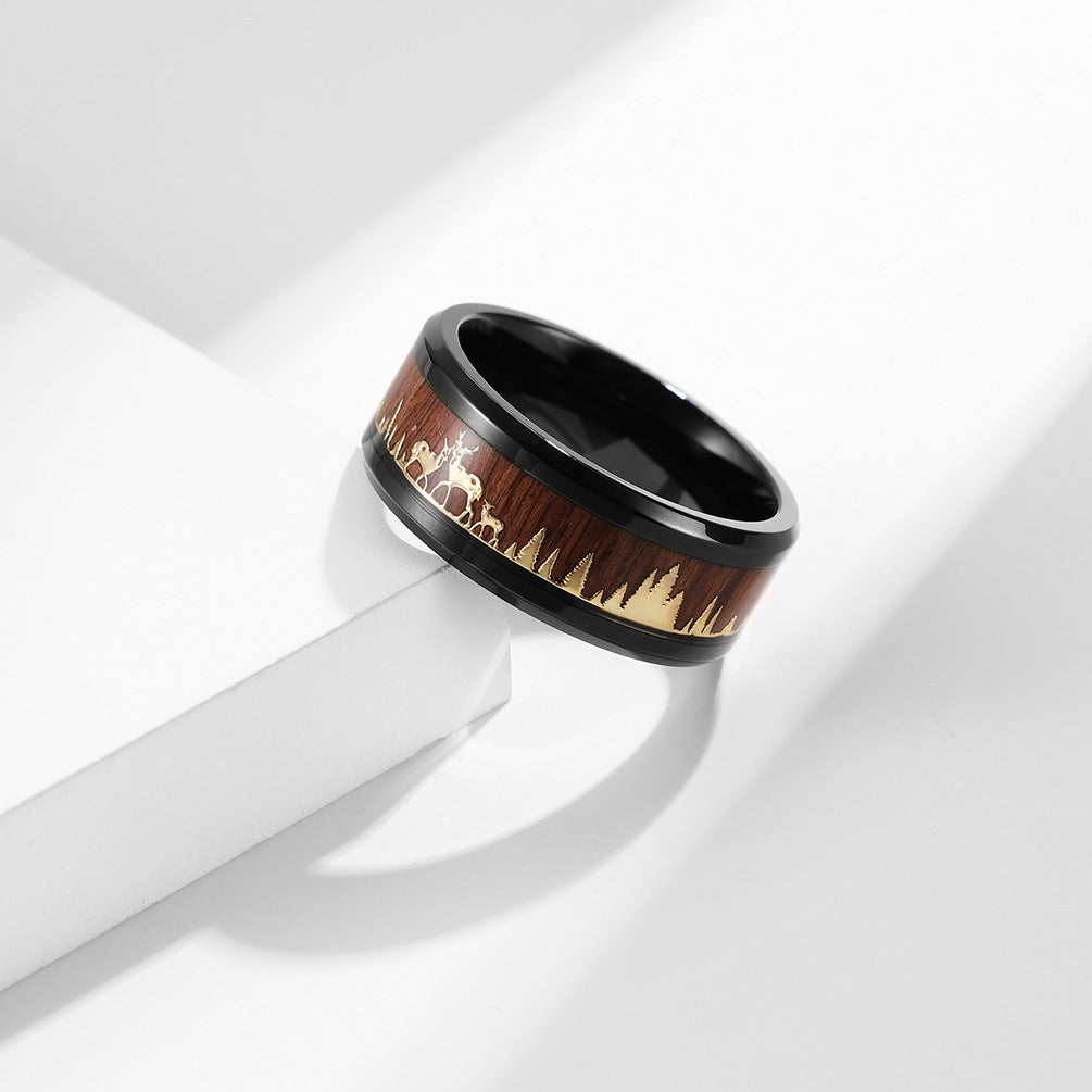 Planderful Everyday Genie Stainless Steel Wood Grain Elk Ring For Men And Women Deer Inlay