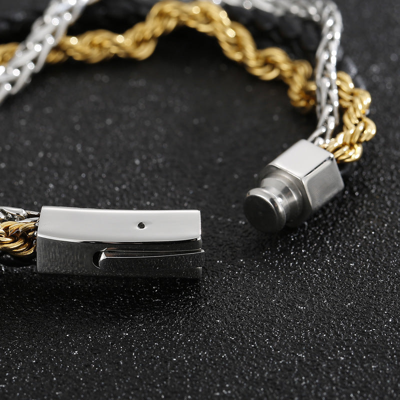 Planderful Mens Leather 3 Layer Stainless Steel Bracelet