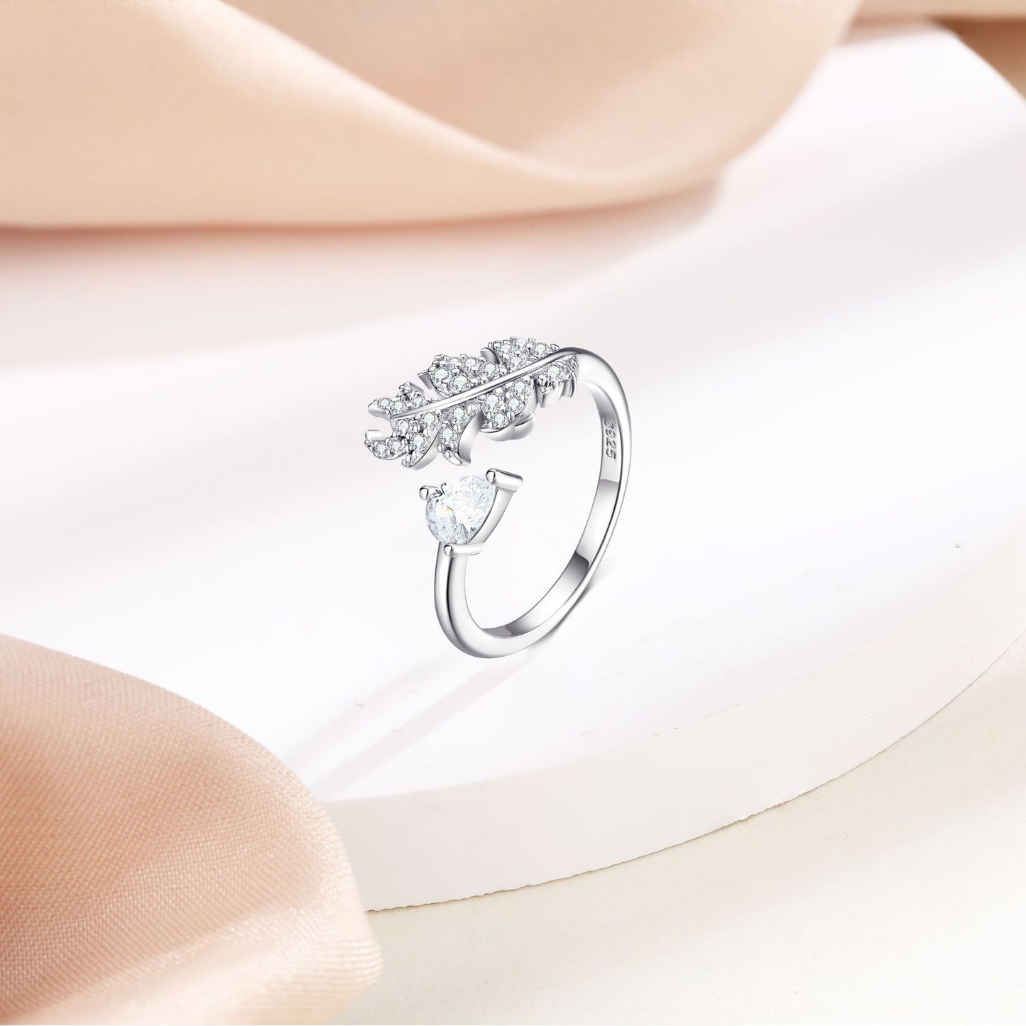 Pear Shape Zircon Feather Opening Sterling Silver Ring