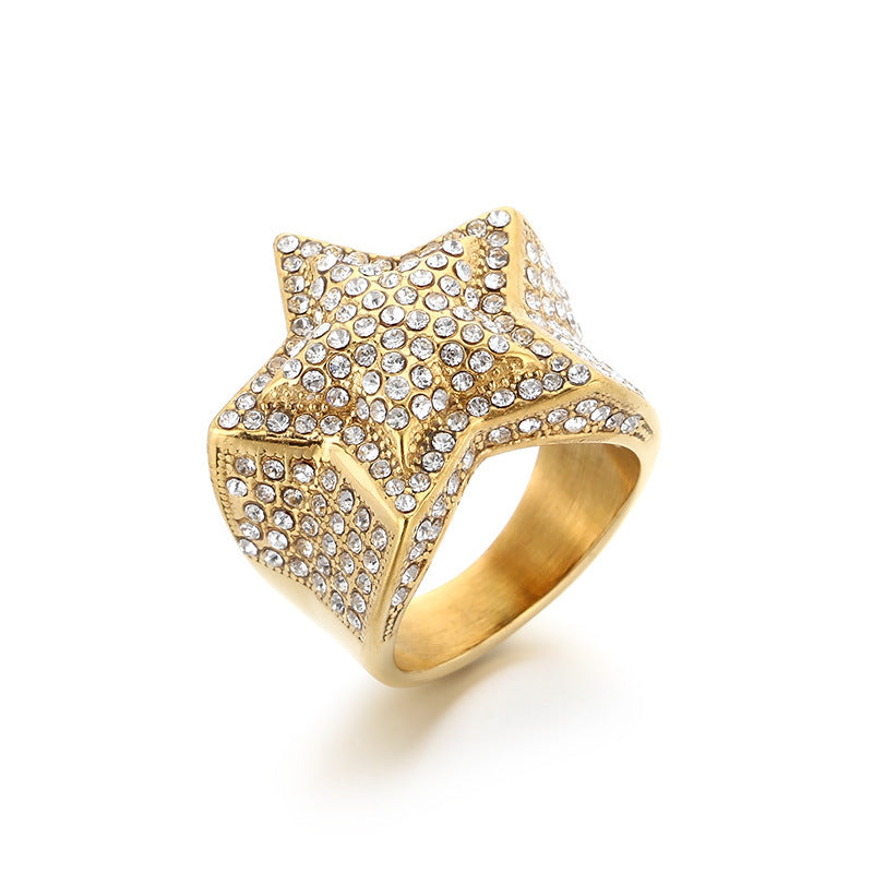 Luxury Zircon Star Ring, Hip-Hop Rock Full Of Zircon Three-Dimensional Five-Pointed Star Stainless