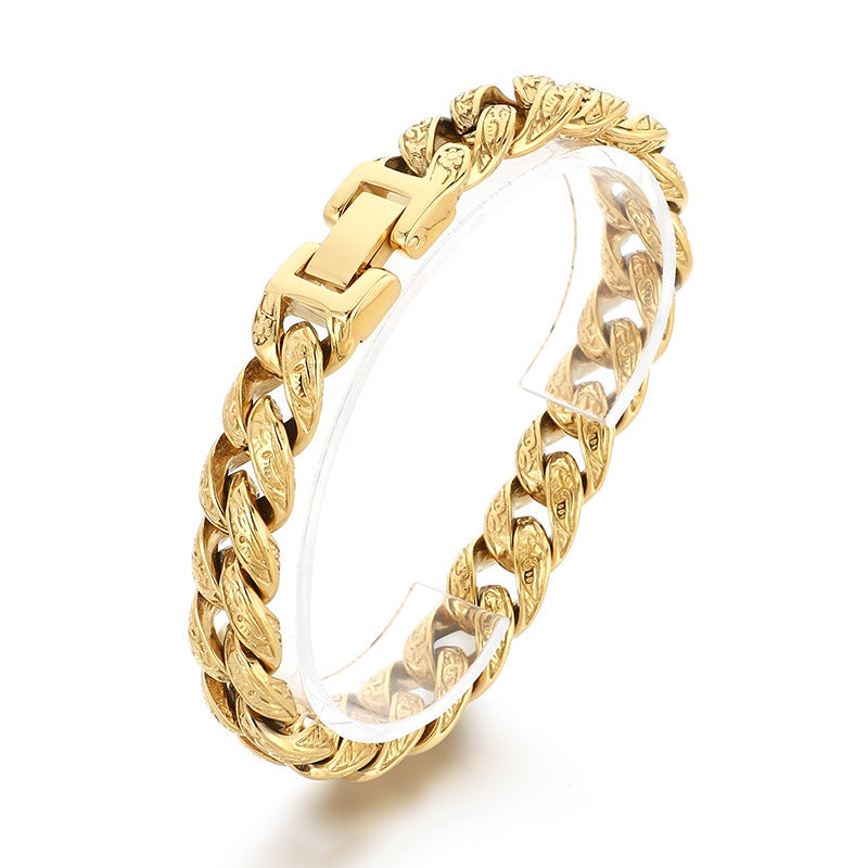 Cast Pattern – Punk Style 13mm Tang Grass Pattern Cuban Chain Titanium Steel Men's Bracelet