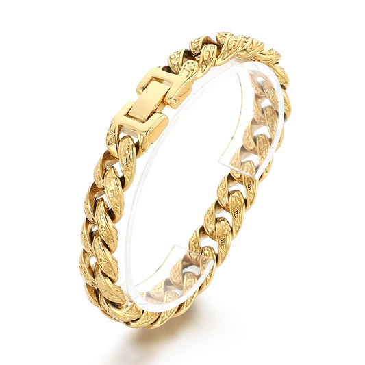 Cast Pattern – Punk Style 13mm Tang Grass Pattern Cuban Chain Titanium Steel Men's Bracelet