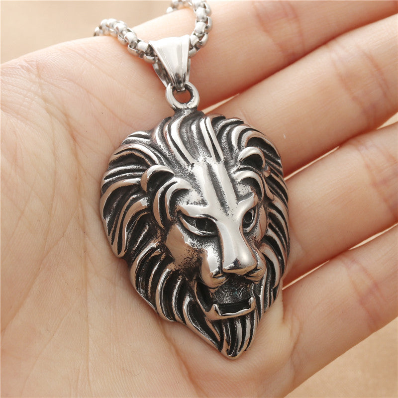 Punk-Inspired Multi-Colored Stone Lion Pendant Necklace for Men in Titanium Steel