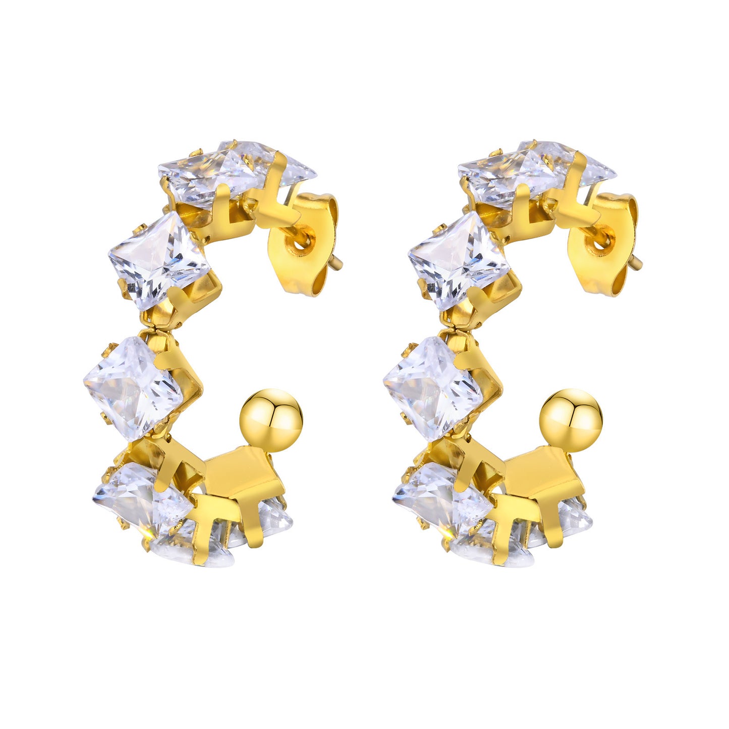 Stainless Steel Plated 18k Gold Rhombus Zircon C Earrings