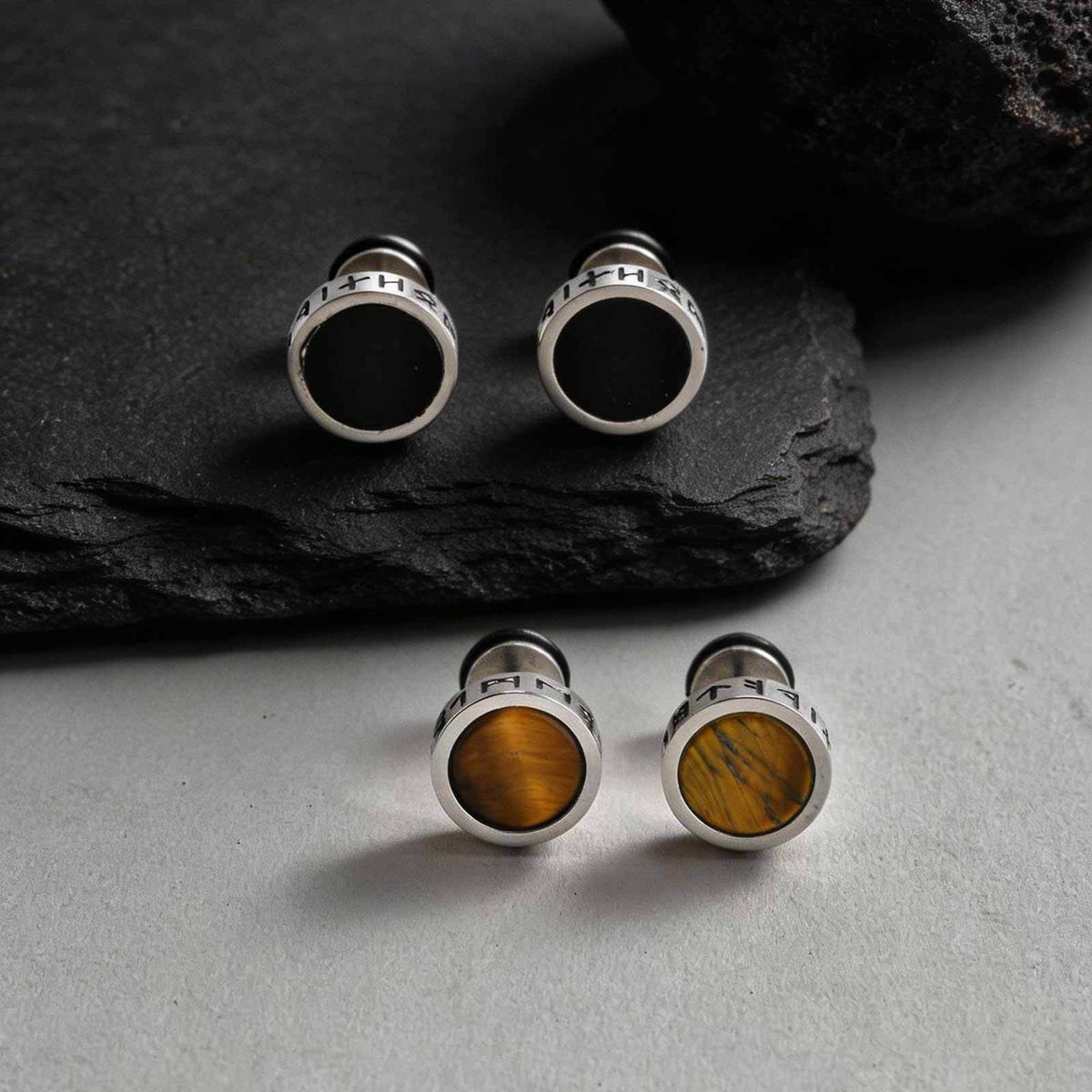 Stainless Steel Tiger's Eye Viking Black Earrings