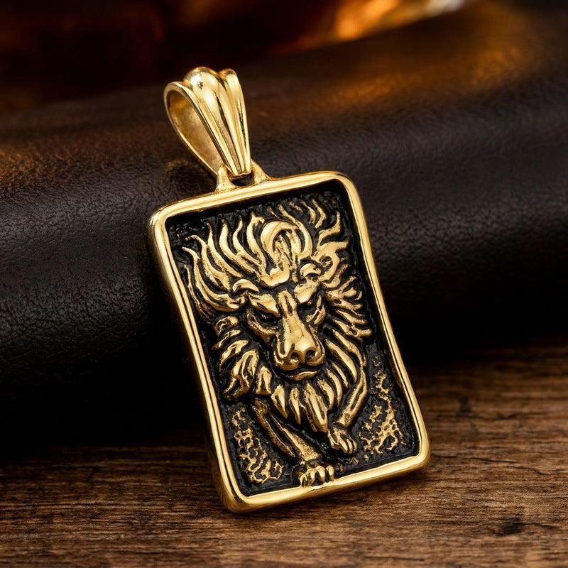 Punk Style Retro Casting Lion Tag, Smearing Oil Animal Square Brand Stainless Steel Necklace