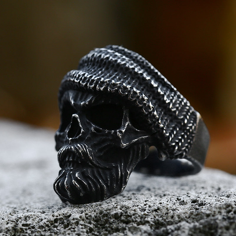 Vintage Stainless Steel Skull Hat Ring for Men - Bearded Old Man Design in Titanium Steel