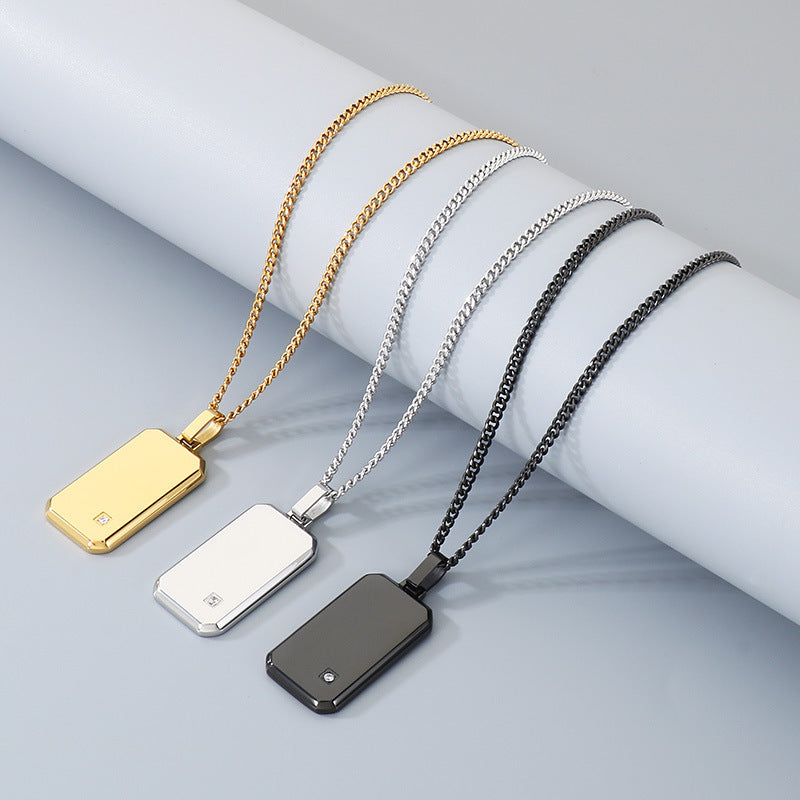 Minimalist Geometric Square Men's Zircon Necklace, Niche Stainless Steel Military Pendant