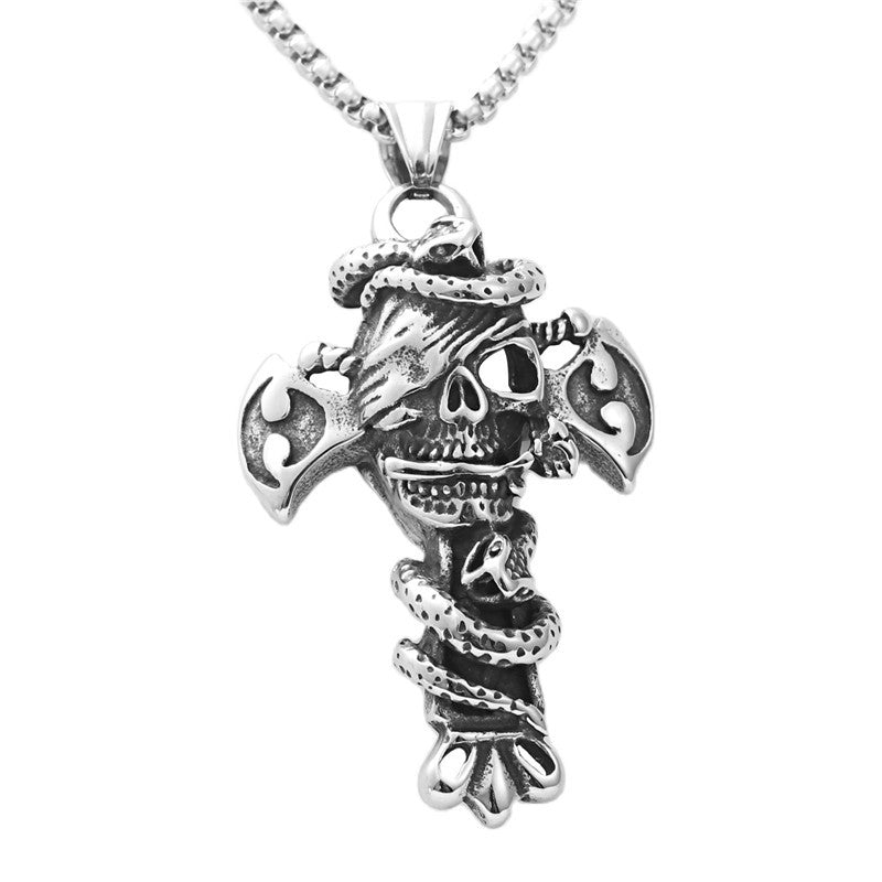 Punk-Inspired Titanium Steel Skull Snake Pendant Necklace for Men